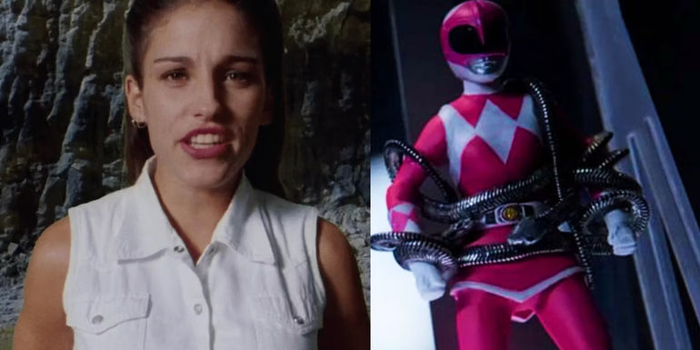 A split image of Kimberly and a miniaturized Pink Ranger from Once & Always