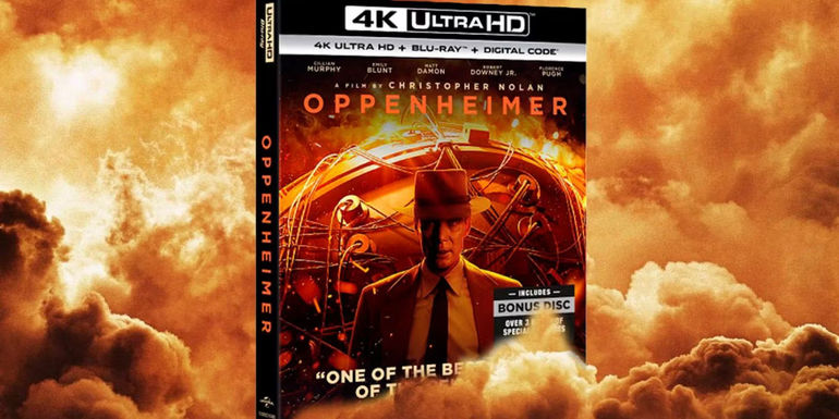 Oppenheimer Blu-Ray sitting amid orange clouds.