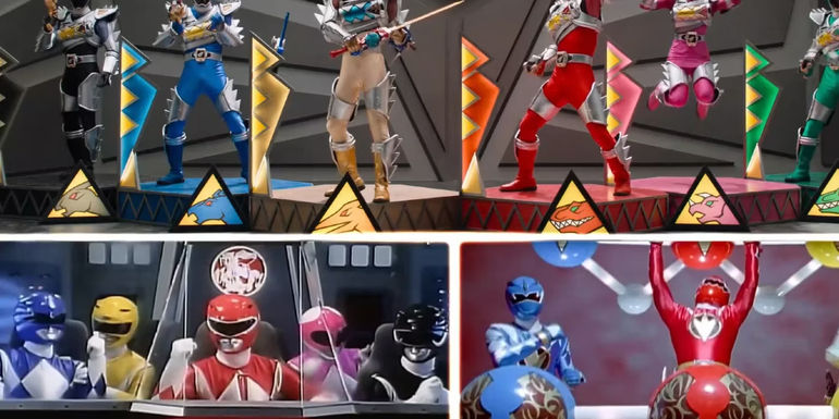 The Dino Charge, Mighty Morphin, and Dino Thunder Power Rangers piloting their Megazords