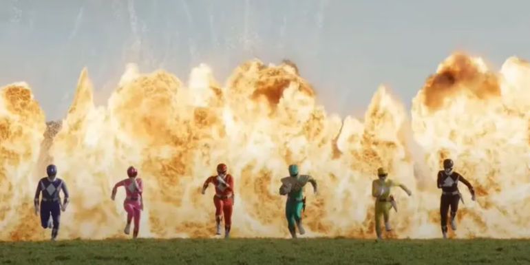 The Mighty Morphin Power Rangers in Once & Always running in front of an explosion
