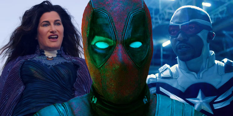 Agatha Harkness (Kathryn Hahn) in WandaVision, Deadpool (Ryan Reynolds) in Deadpool 2, and Captain America/Falcon (Anthony Mackie) in Falcon & The Winter Soldier