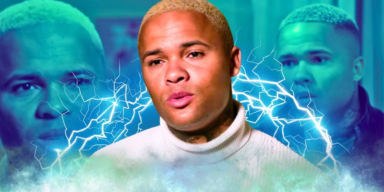 90 Day Fiancé Jibri Bell wearing white turtle neck shirt with pouted mouth and lightning bolts behind him in blue