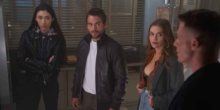 Amy L. Workman as Hikari Zhang, Dylan Sprayberry as Liam Dunbar, Colton Haynes as Jackson Whittemore and Holland Roden as Lydia Martin in the Beacon Hills sheriff's station in Teen Wolf The Movie