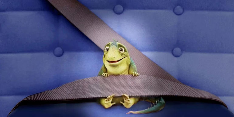 Leo the lizard happily wears a seatbelt in Netflixs Leo