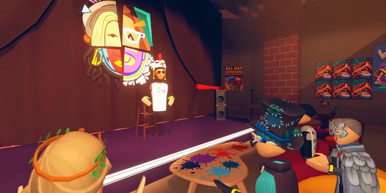 A screenshot from sandbox game Rec Room. The screenshot depicts several cartoonish characters drawing a painting of a character standing on a stage wearing a chicken costume.