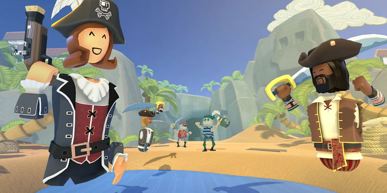 A screenshot from the sandbox game Rec. Room. The screenshot shows multiple cartoonish characters dressed up as pirates.