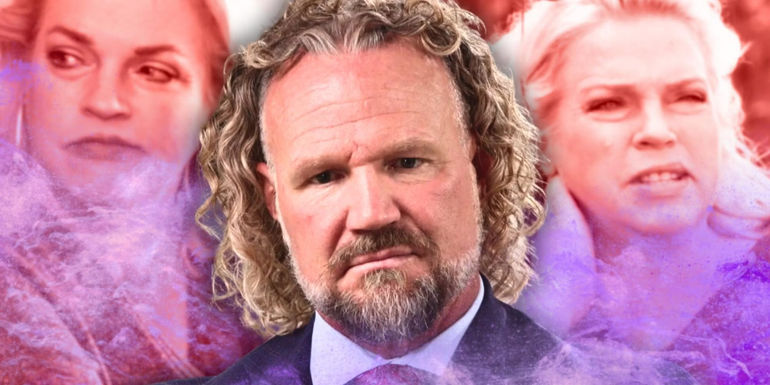 Sister Wives' Kody Brown looking somber with a montage of Janelle Brown against a mauve background