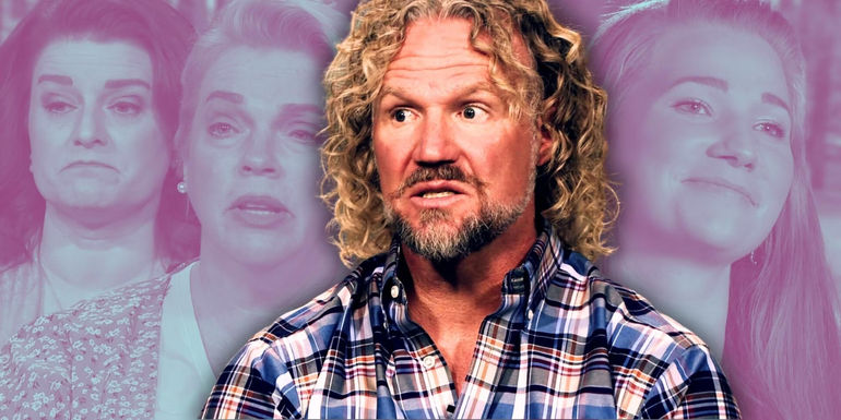 Sister Wives' Kody Brown, flanked by Robyn Brown, Janelle Brown & Mykelti Padron, with pink background