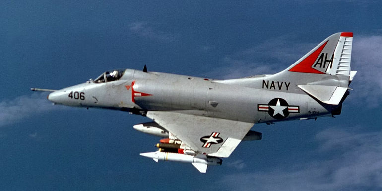 The A4 flying in the air in Top Gun.