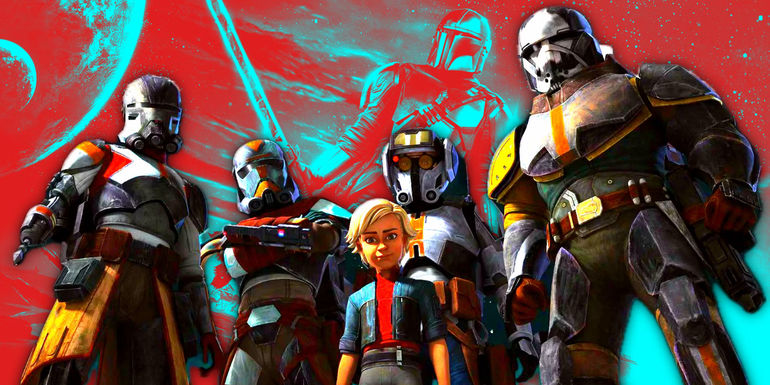 The Bad Batch in season 2 superimposed over The Mandalorian season 3 Darksaber poster