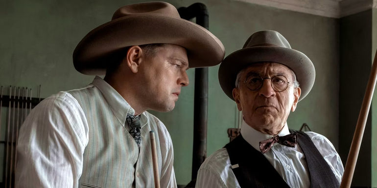 Ernest Burkhart and William Hale playing pool in Killers of the Flower Moon