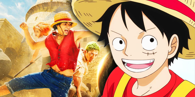 A custom image featuring live-action Nami, Luffy, and Zoro and anime Luffy