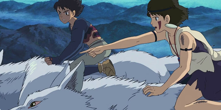 Princess Mononoke riding on wolf back.