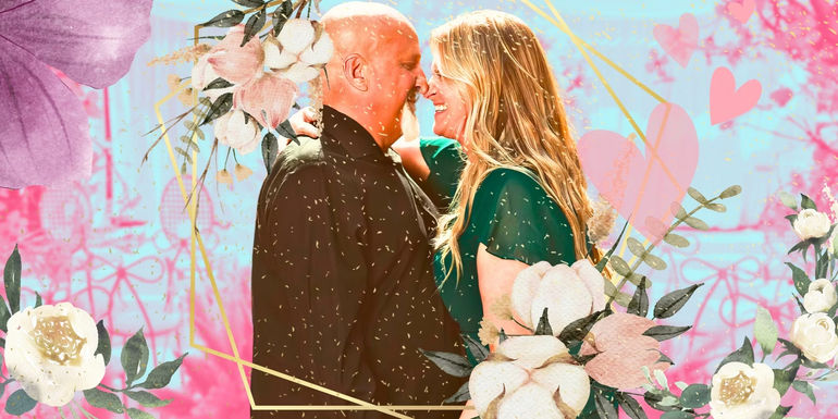 Sister Wives' Christine Brown and David Woolley embracing with wedding themed background