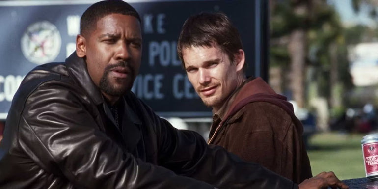 Denzel Washington as Det. Alonzo Harris and Ethan Hawke as Officer Jake Hoyt in Training Day.