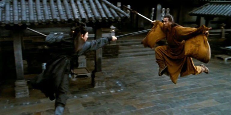 Jet Li as Nameless and Donnie Yen as Long Sky sword fighting in Hero