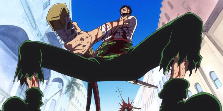 Zoro defeating Daz Bones aka Mr 1 using the One Sword technique in One Piece's Arabasta Arc