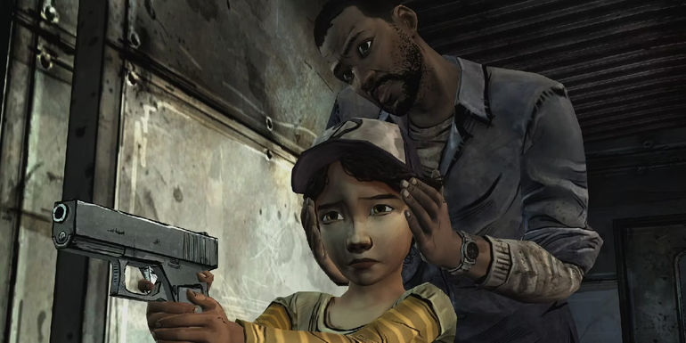 Lee teaching Clementine how to shoot in Telltale's The Walking Dead