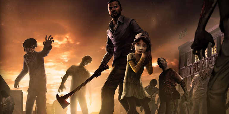 Lee and Clementine fighting off a zombie horde in the Walking Dead season 1.