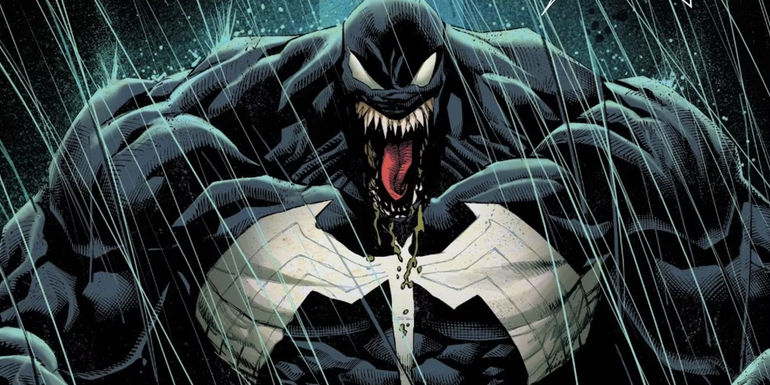 Venom sticking his tongue out under the rain