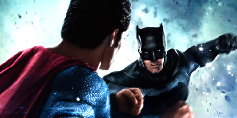 Batman (Ben Affleck) about to punch Superman (Henry Cavill) in Batman v Superman: Dawn of Justice
