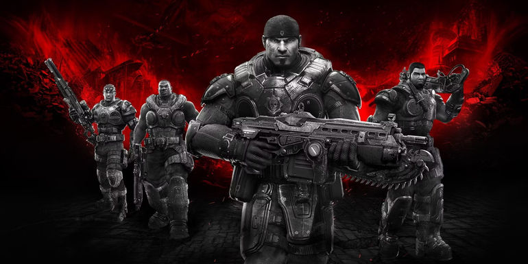 The key art for Gears of War: Ultimate Edition. The image depicts Marcus Fenix alongside other main characters from the game.