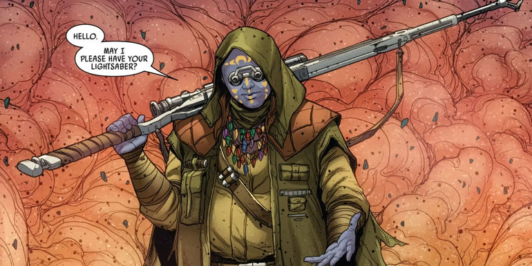 Star Wars alien wielding lightsaber rifle. 