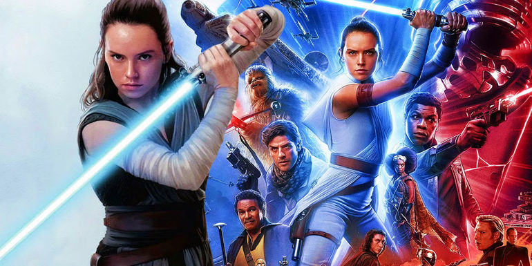 The poster for Star Wars: The Rise of Skywalker next to Rey holding her lightsaber in The Last Jedi