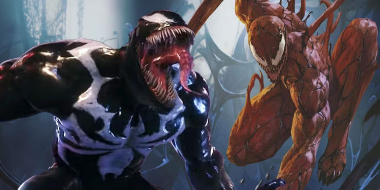Spider-Man 2's Venom in a symbiote hive with a realistic Carnage behind him from the comics