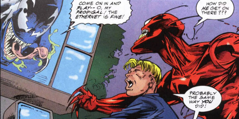 Venom as a digital avatar looking at Carnage
