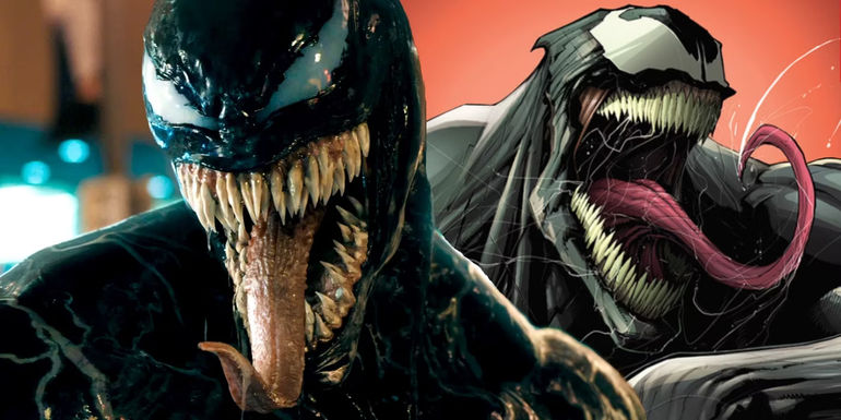Live-action Venom and comic Venom sticking out slimy tongues