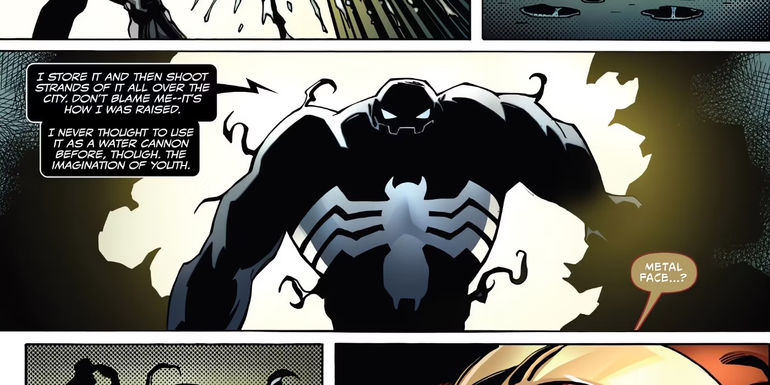 Venom talking about his symbiote waste webs while pursuing enemy