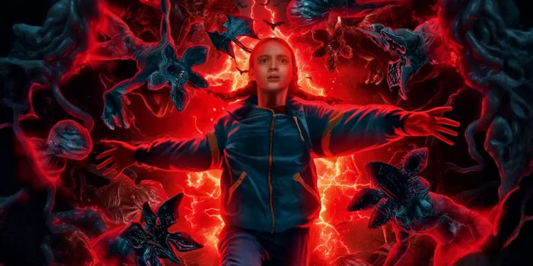 Max (Sadie Sink) falling backwards towards Demogorgons in Stranger Things season 5 fan art