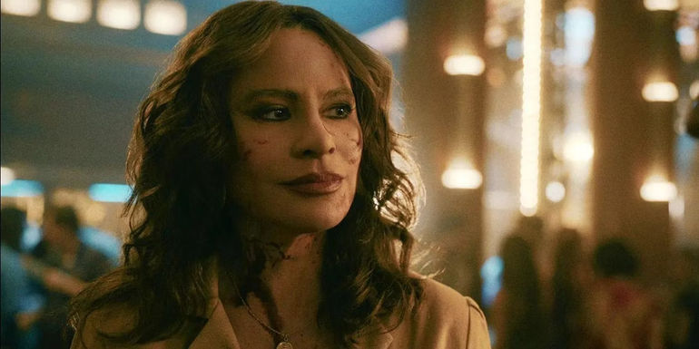 Sofía Vergara as Griselda Blanco with blood on her face in a scene from Griselda.