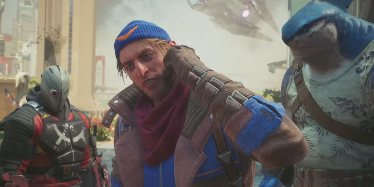 A screenshot of Captain Boomerang, Deadshot, and King Shark in Suicide Squad: Kill the Justice League.