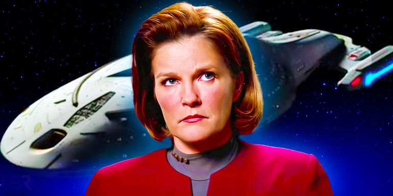 Captain Janeway from Star Trek: Voyager with the USS Voyager in the background. 