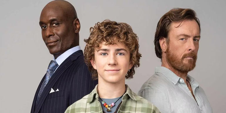 Percy Jackson smiling between Zeus and Poseidon