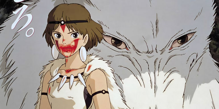Princess Mononoke standing next to a wolf