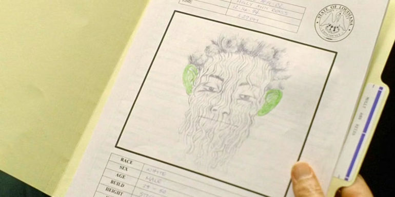 A drawing of the Green-Eared Spaghetti Monster from True Detective season 1