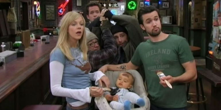 The gang trying to take care of a baby in Paddy's Pub in It's Always Sunny in Philadelphia season 3 episode 1 The Gang Finds a Dumpster Baby.
