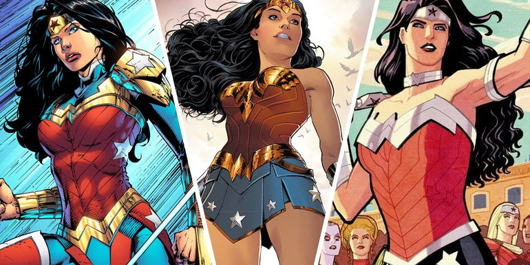 Split images of Wonder Woman in different costumes