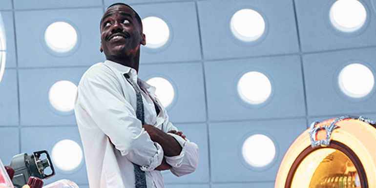 Ncuti Gatwa as the Fifteenth Doctor smiling in his TARDIS in Doctor Who The Giggle 