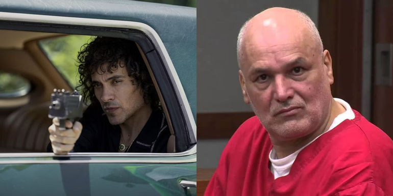 Martin Rodriguez as Jorge Rivi Ayala-Rivera in Griselda and the real Rivi Ayala in court.