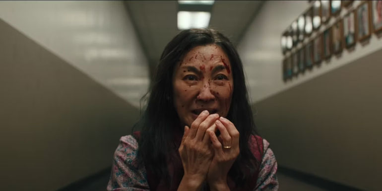 Evelyn Quan covered in blood looking scared in Everything Everywhere All At Once