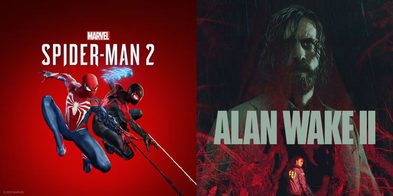 A side-by-side split of the key visuals for Spider-Man 2 and Alan Wake 2