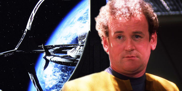 Deep Space Nine orbits Bajor as Chief Miles O'Brien looks off camera