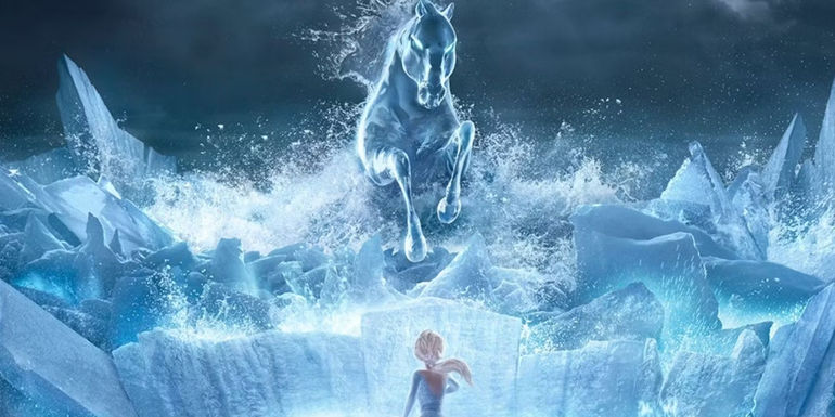 Elsa confronts the water horse spirit in Frozen 2