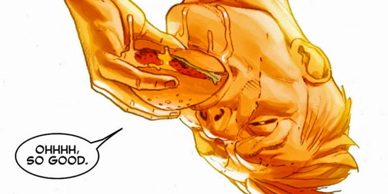 Molecule Man eating a burger in 2015's Secret Wars in Marvel Comics