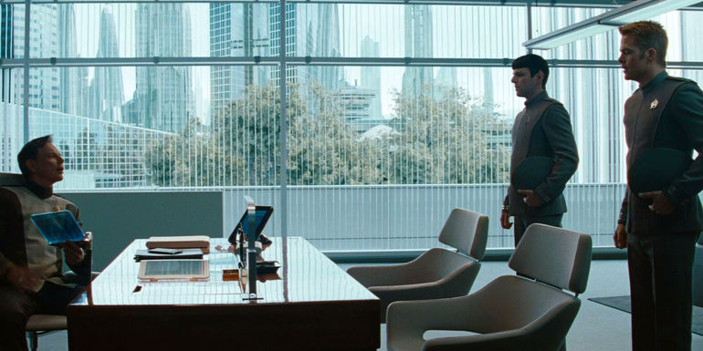 Star Trek Into Darkness. Bruce Greenwood as Admiral Christopher Pike, Zachary Quinto as Spock, Chris Pine as Captain James T. Kirk.
