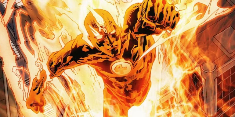 The Human Torch flies through the sky on fire in a Marvel Comic